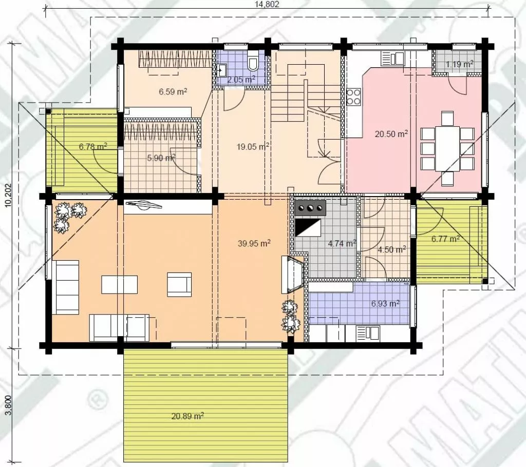 План этажа №1 2-этажного дома KR-2212-3 в Тюмени