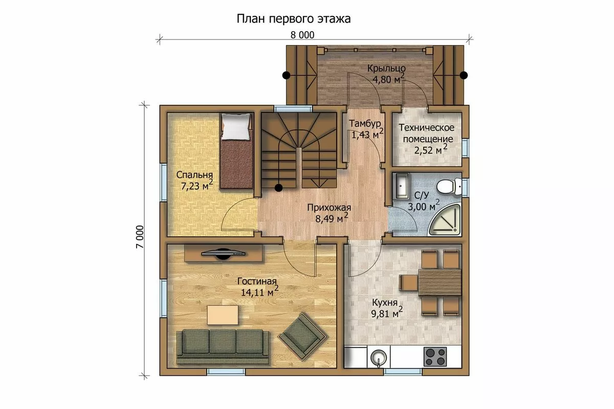 План этажа №1 2-этажного дома MK-95-4 в Тюмени
