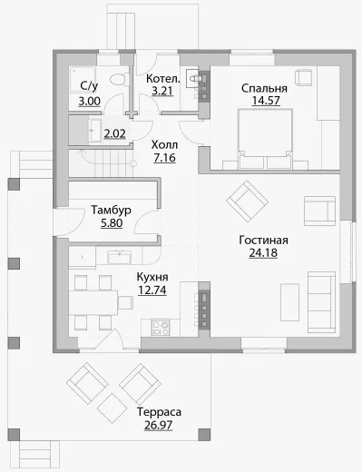 План этажа №1 2-этажного дома B-137 в Тюмени