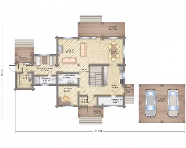 План этажа №1 2-этажного дома KR-2322 в Тюмени