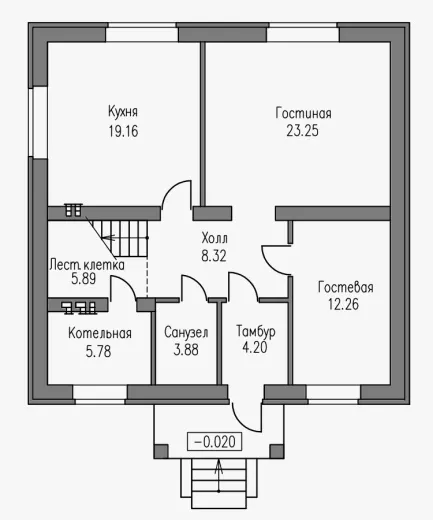 План этажа №1 2-этажного дома B-166 в Тюмени