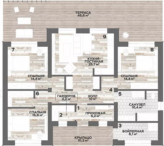 План этажа №1 1-этажного дома K-1162 в Тюмени