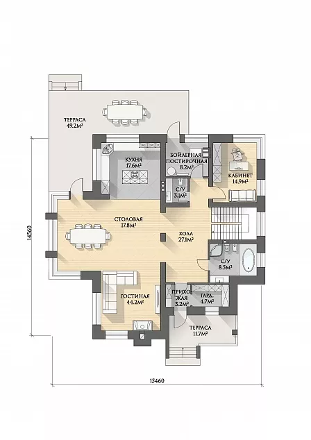 План этажа №1 2-этажного дома K-2335 в Тюмени