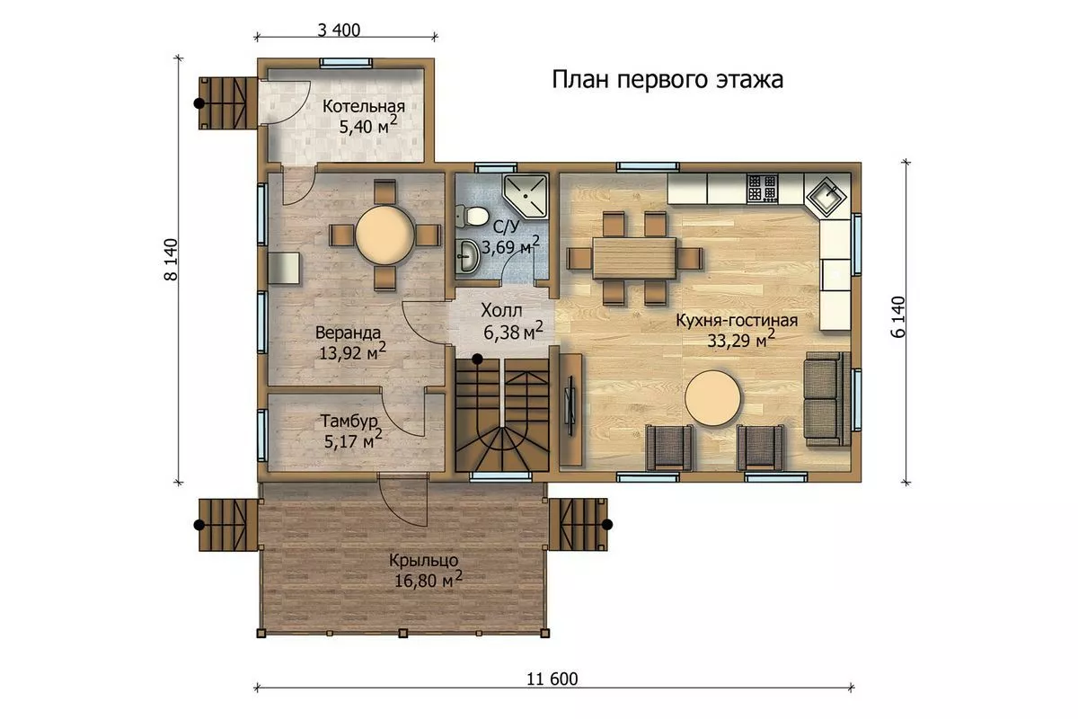 План этажа №1 2-этажного дома KR-2143-3 в Тюмени