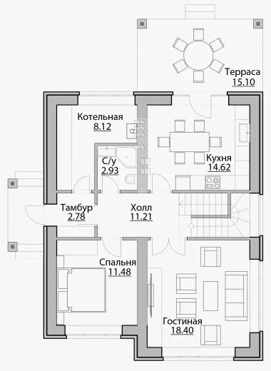 План этажа №1 2-этажного дома C-136 в Тюмени