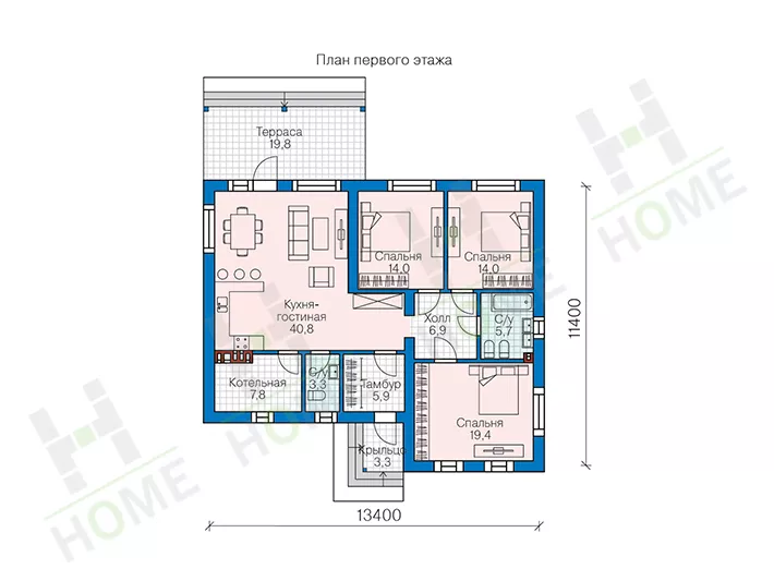 План этажа №1 1-этажного дома 58-70K в Тюмени