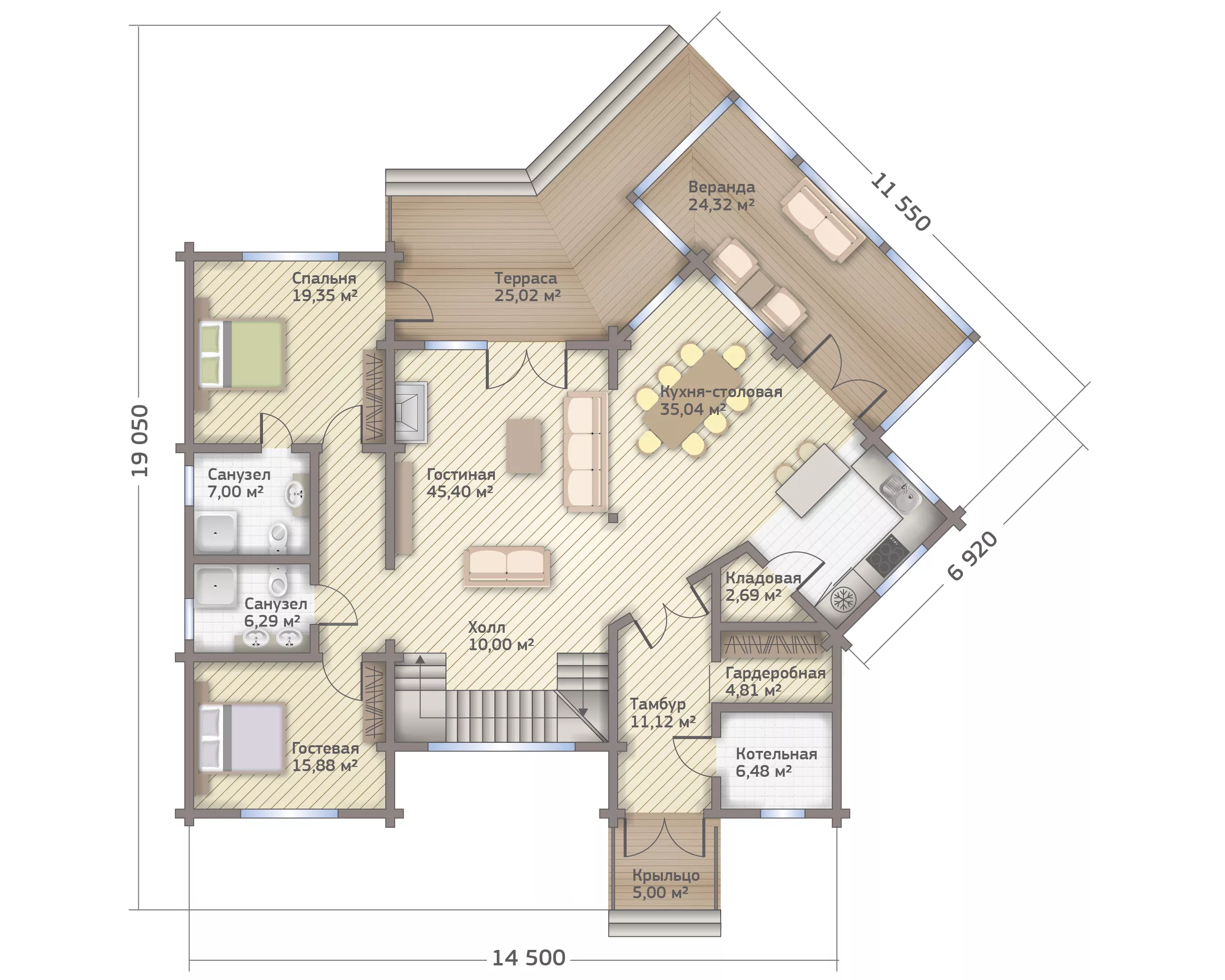 План этажа №1 2-этажного дома D-2393 в Тюмени