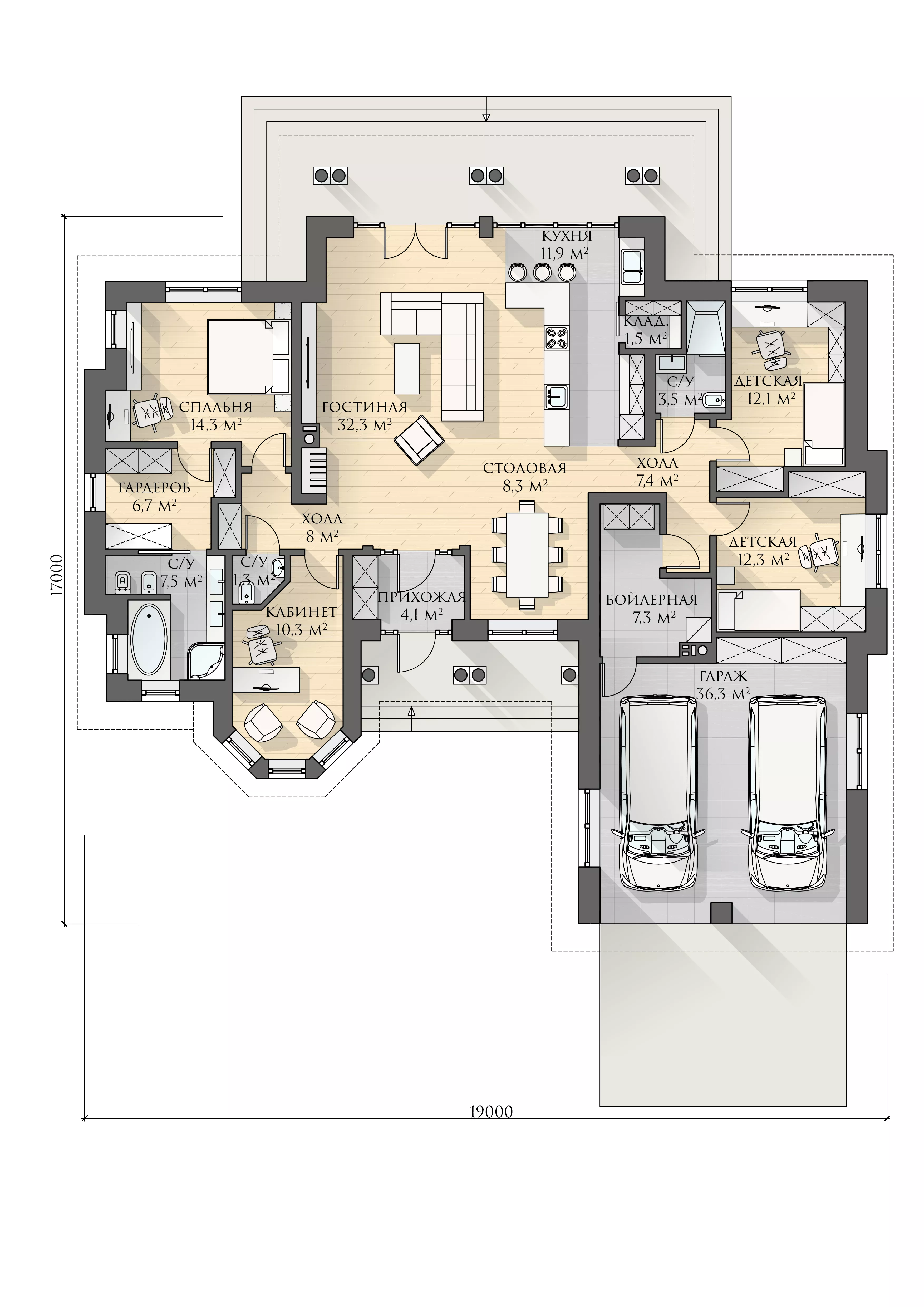 План этажа №1 1-этажного дома K-1238-2 в Тюмени