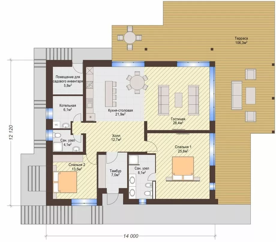 План этажа №1 1-этажного дома K-1219-5 в Тюмени