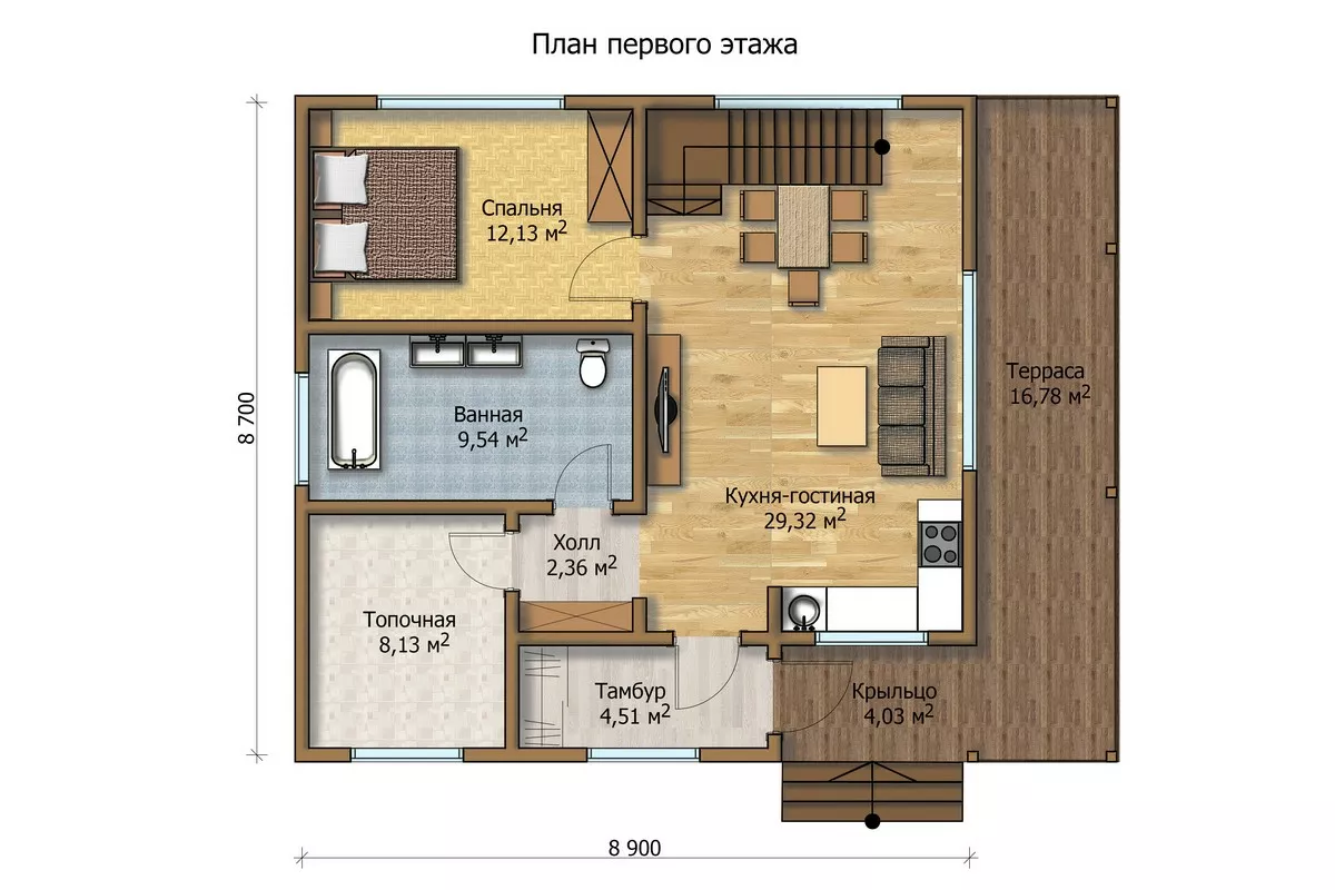 План этажа №1 2-этажного дома MK-143-3 в Тюмени
