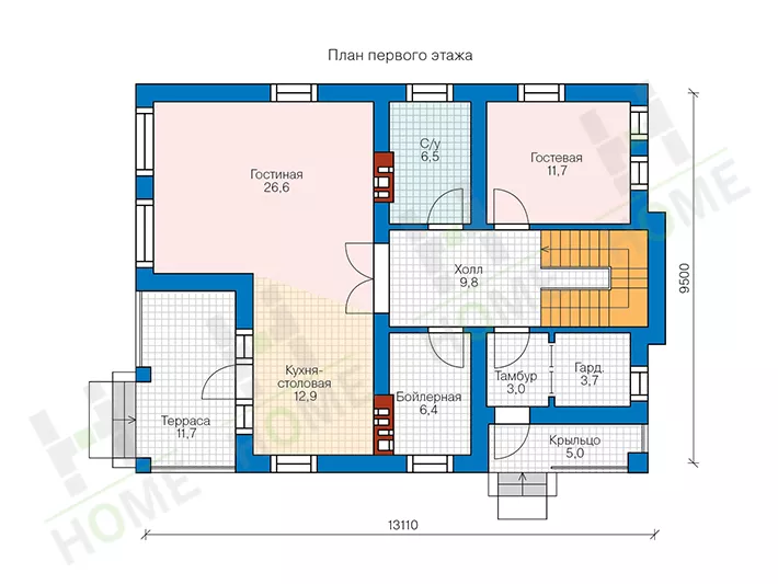 План этажа №1 2-этажного дома 57-84 в Тюмени