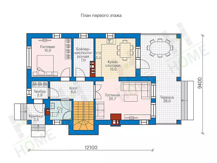 План этажа №1 2-этажного дома 58-45 в Тюмени