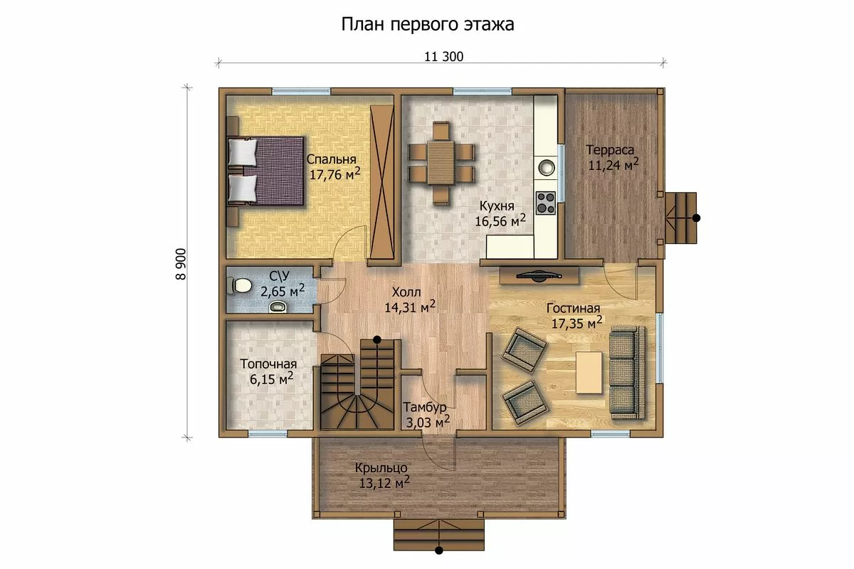 План этажа №1 2-этажного дома MK-175-64 в Тюмени