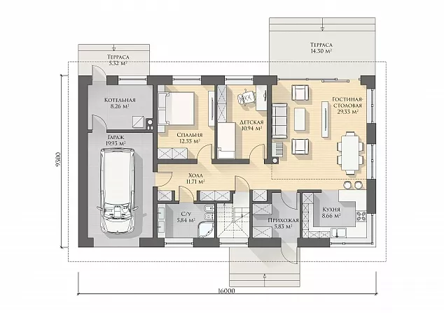 План этажа №1 2-этажного дома K-2177 в Тюмени