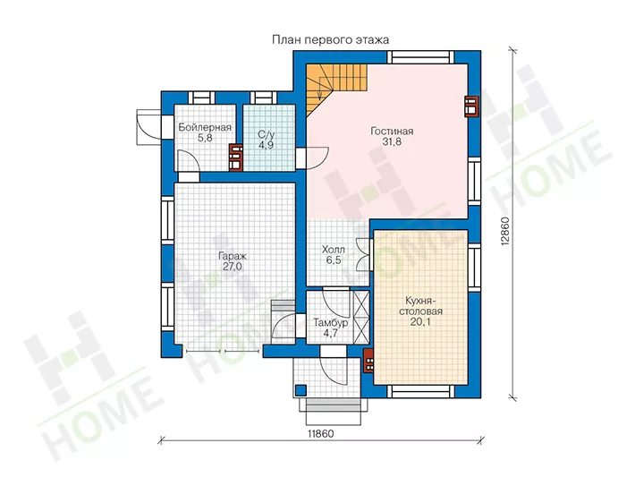 План этажа №1 2-этажного дома 58-37K в Тюмени