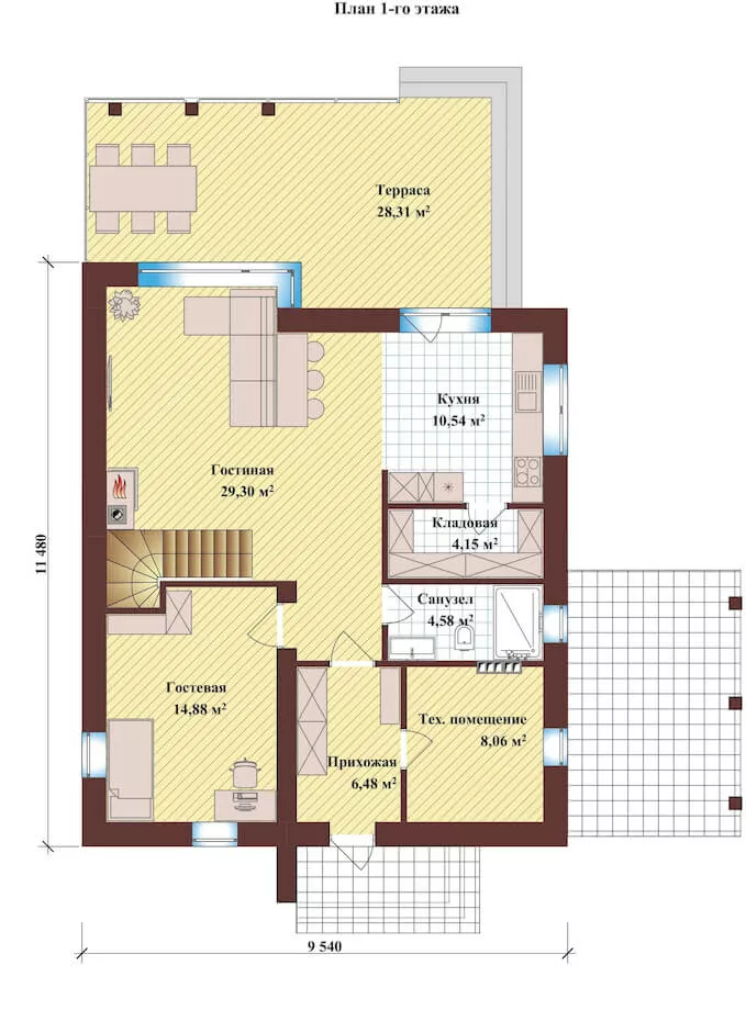 План этажа №1 2-этажного дома K-2163-3 в Тюмени