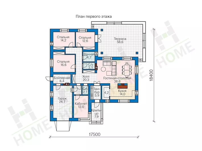 План этажа №1 1-этажного дома 62-30L в Тюмени