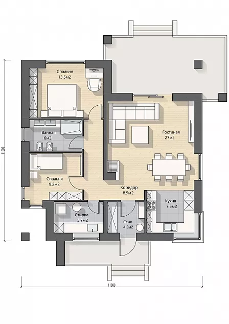 План этажа №1 1-этажного дома K-1108-3 в Тюмени