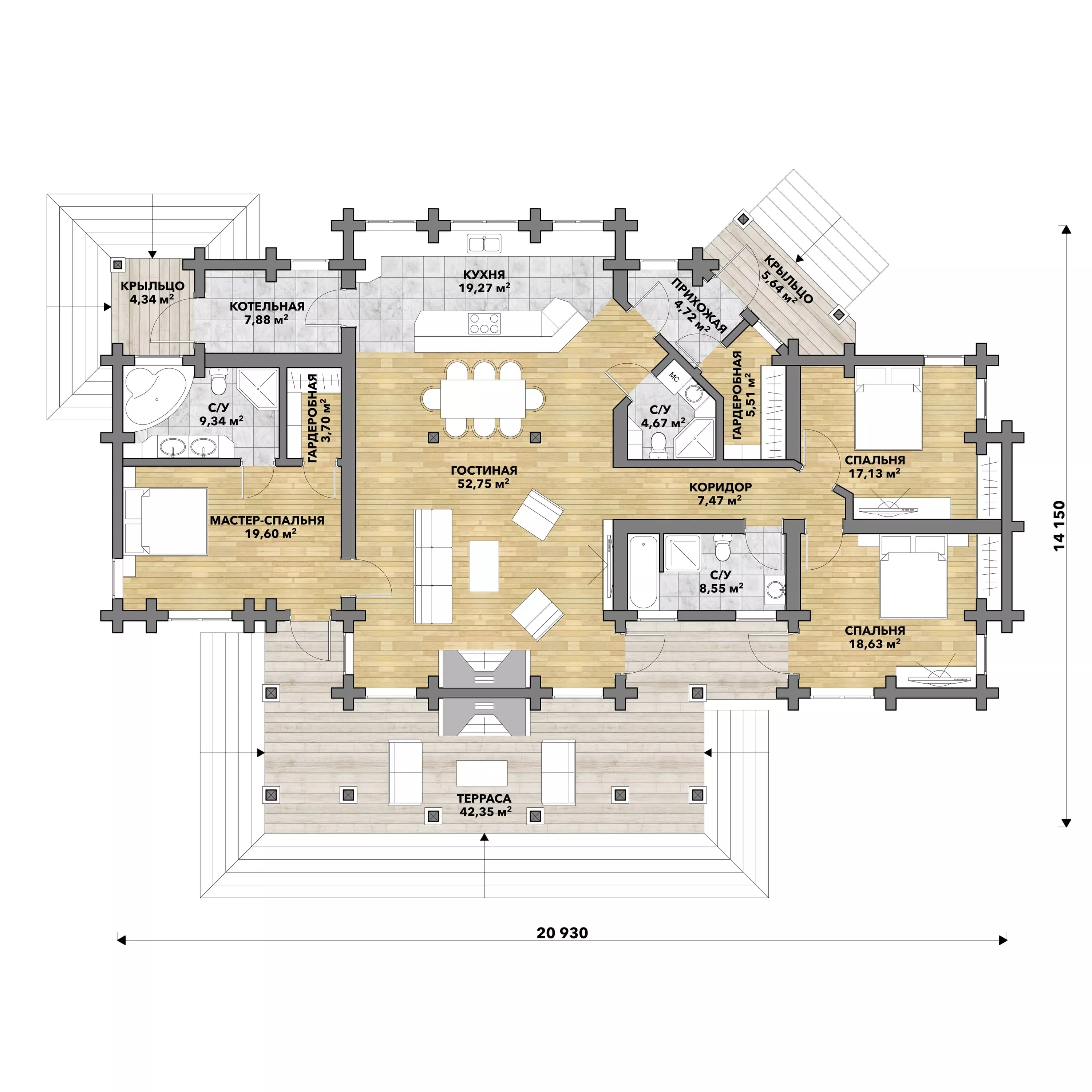 План этажа №1 1-этажного дома D-1232 в Тюмени