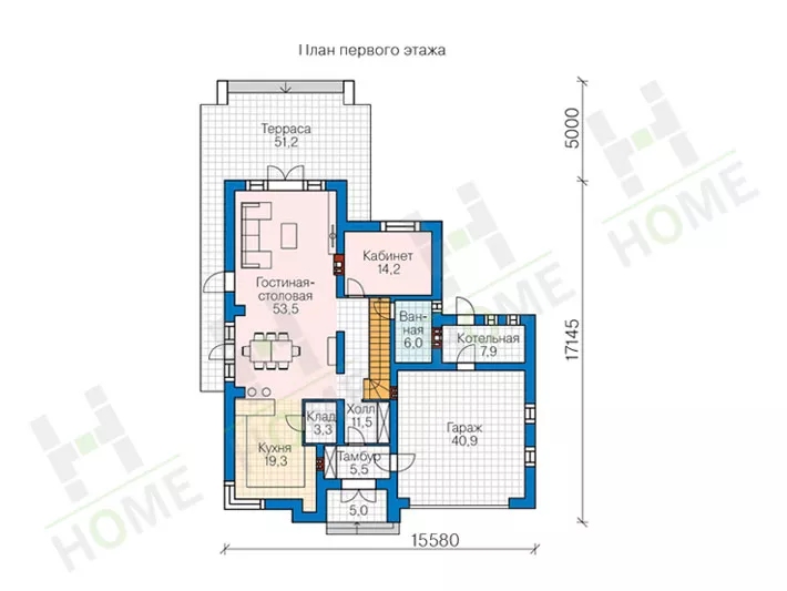 План этажа №1 2-этажного дома 45-15K1L в Тюмени